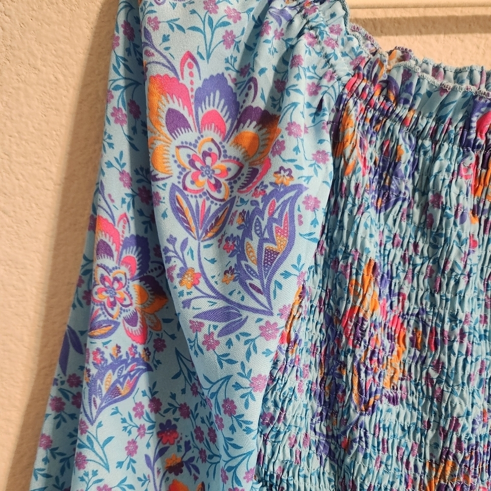 Me 2 Magic Anthropologie Bohemian Smocked Maxi Tiered Dress Blue Floral medium - Picture 4 of 6